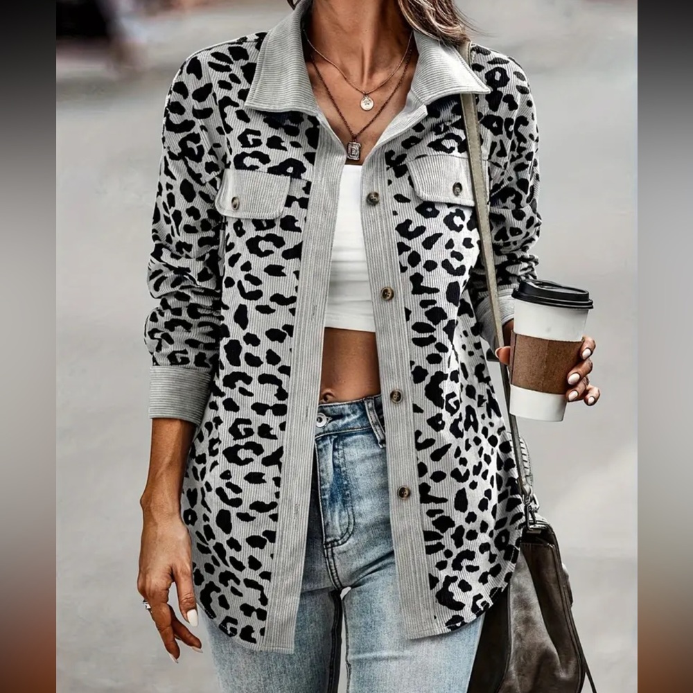 Animal Print Ribbed Button Down Shaket - Picture 4 of 4
